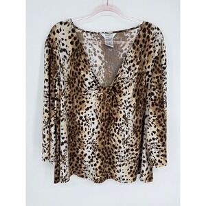 George Animal Print V Neck Long Sleeve‎ Top Women Sz 2X 26W/28W Leopard